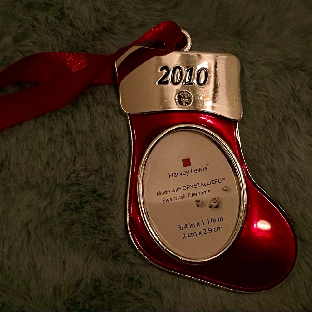 2010 Harvey Lewis Swarovski Elements stocking shaped framed ornament.